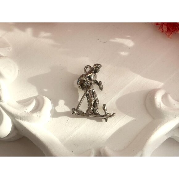 Turquoise Accented Antiqued Sterling Silver Skiier Vintage Pendant | Charm - Picture 14 of 14
